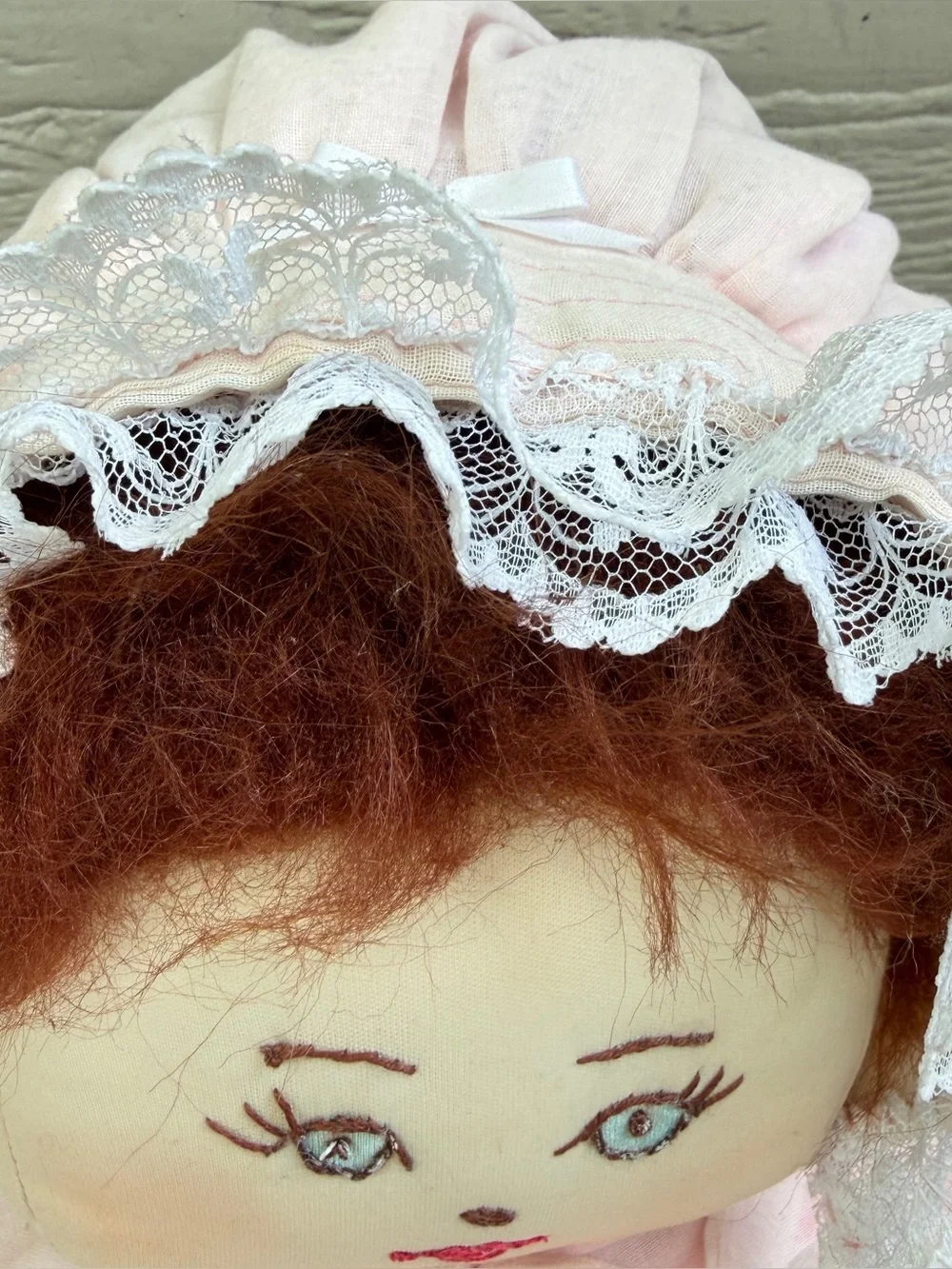 Vintage Handcrafted Soft Sculptured Old Doll Pink Dress Bonnet 21” Socks Daddy